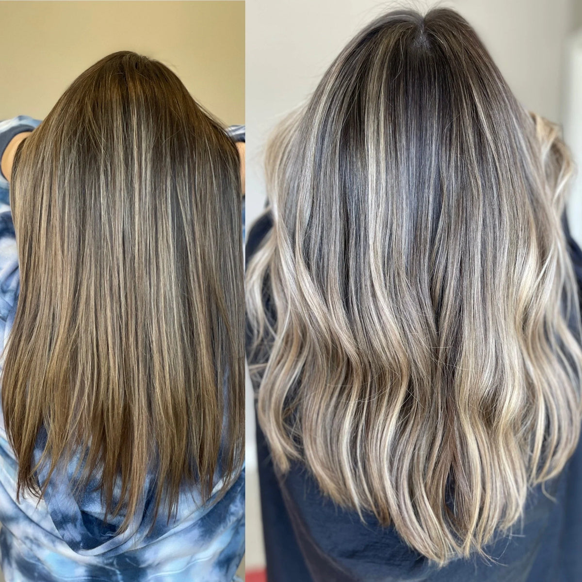 Before and after of a balayage color transformation
