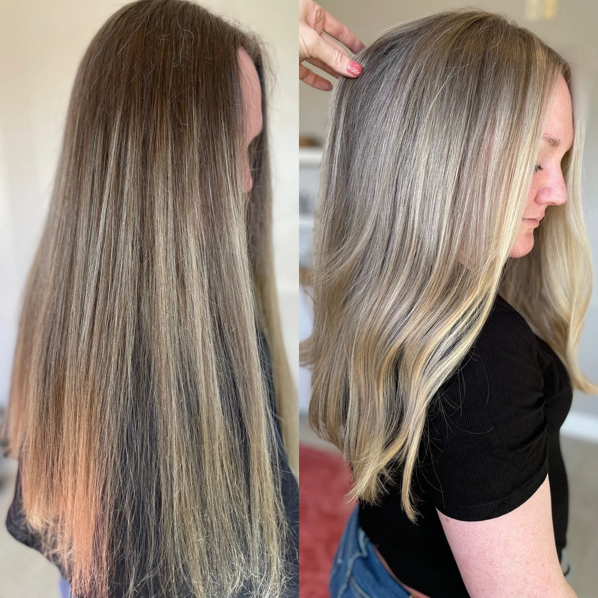 Before and after of grey coverage with blonde highlights