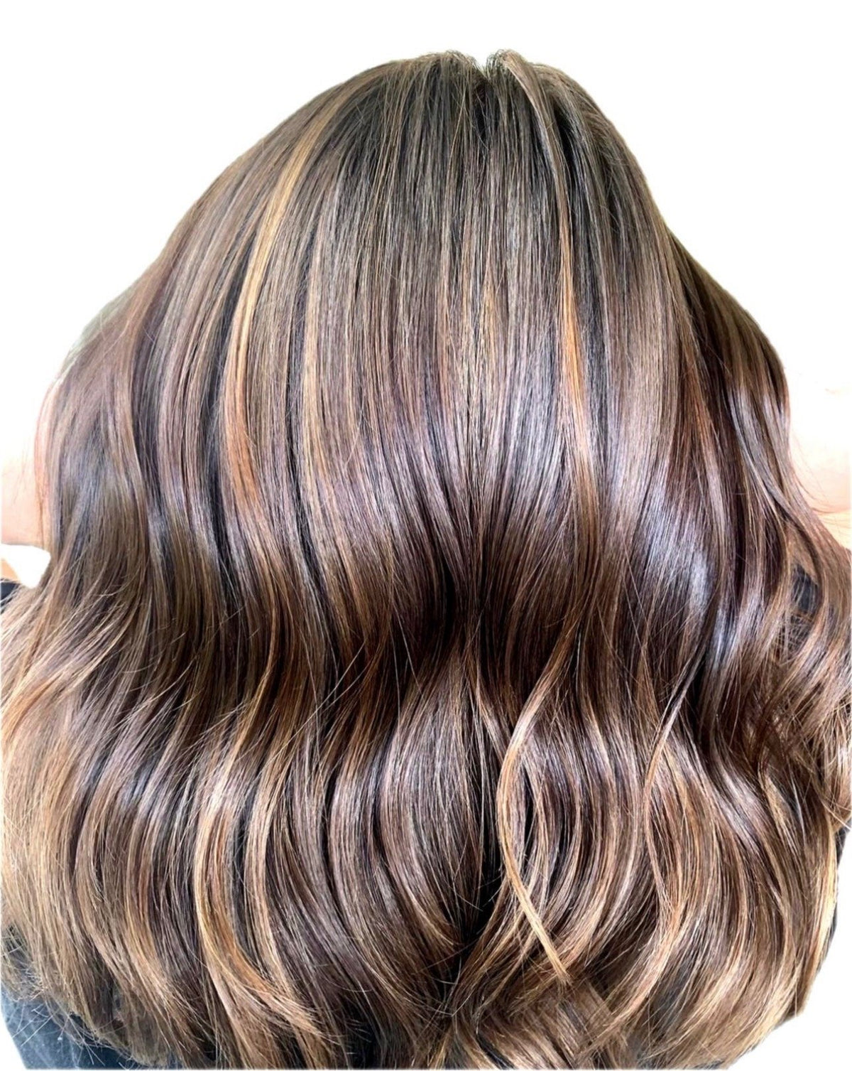 Back view of long glossy brunette waves