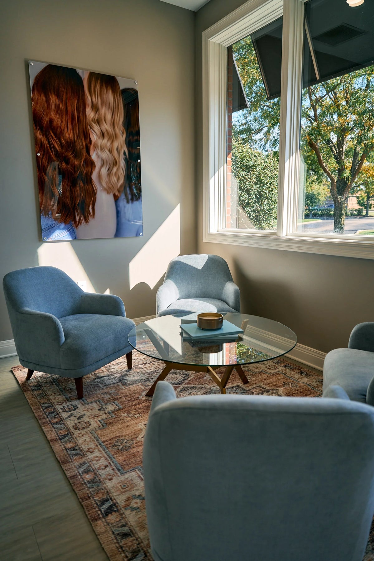 Seating area with blue armchairs